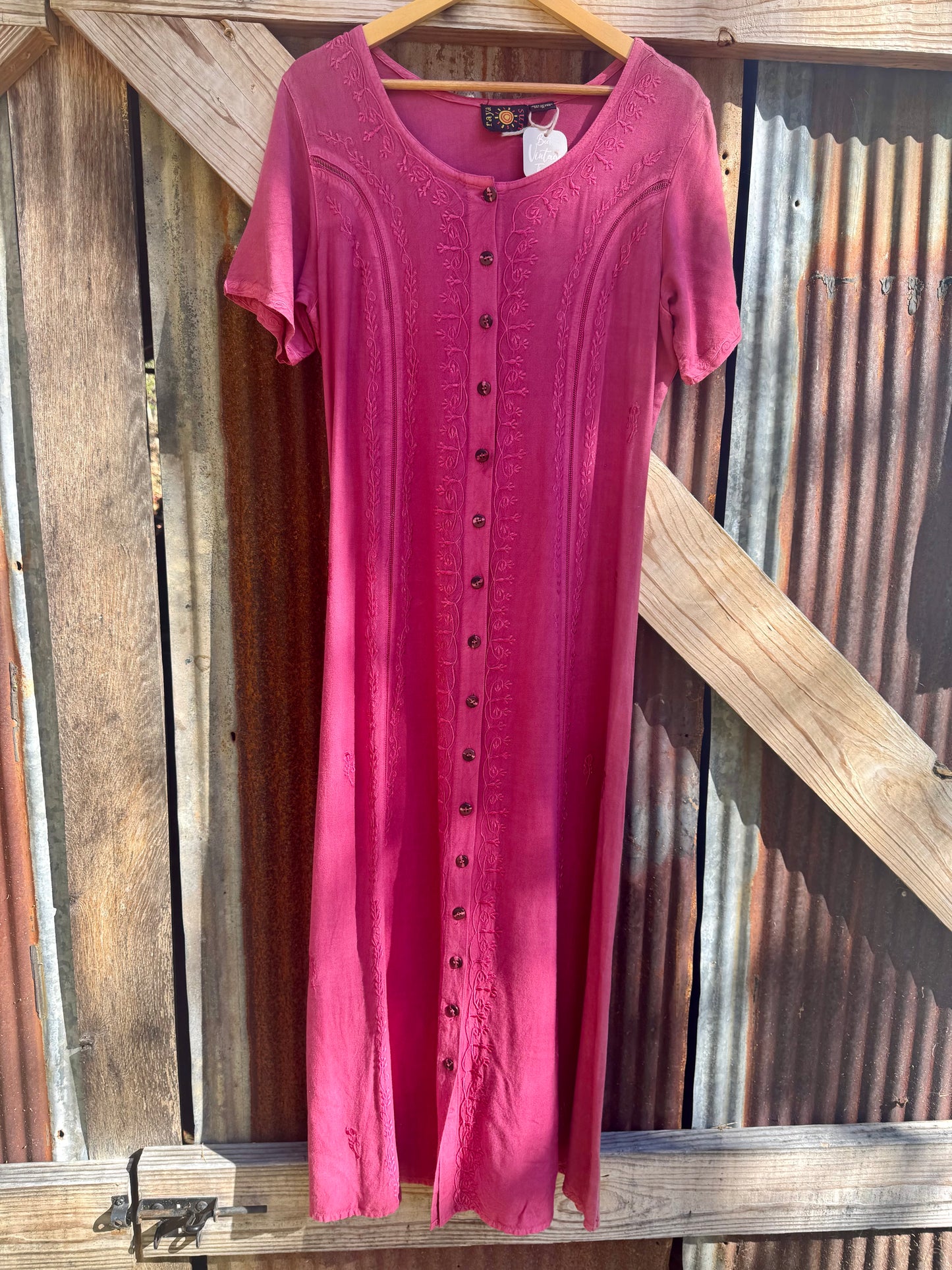 Y2K Raya Sun Rayon Embroidered Fuschia Maxi Dress