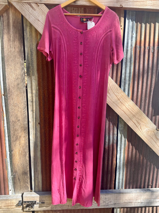 Y2K Raya Sun Rayon Embroidered Fuschia Maxi Dress