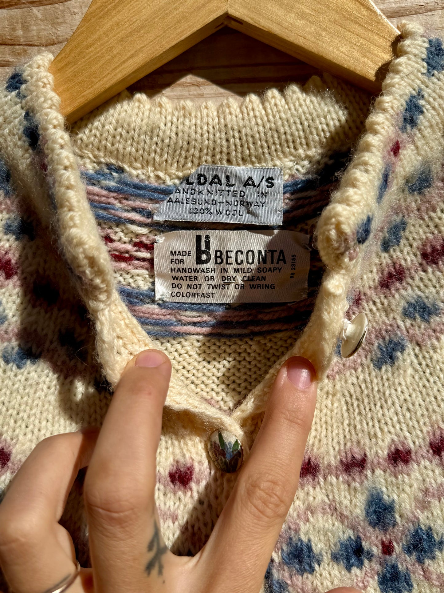 1970s Handknit Wool Norwegian Cardigan Sweater