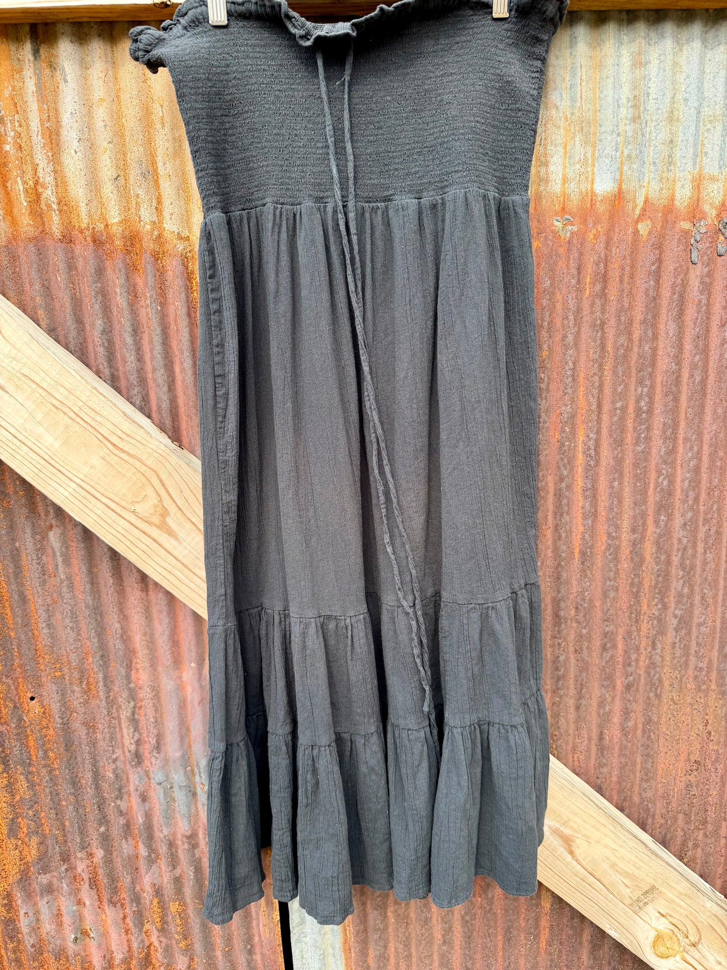 Vintage Black Smocked Halter Dress with Neck Tie