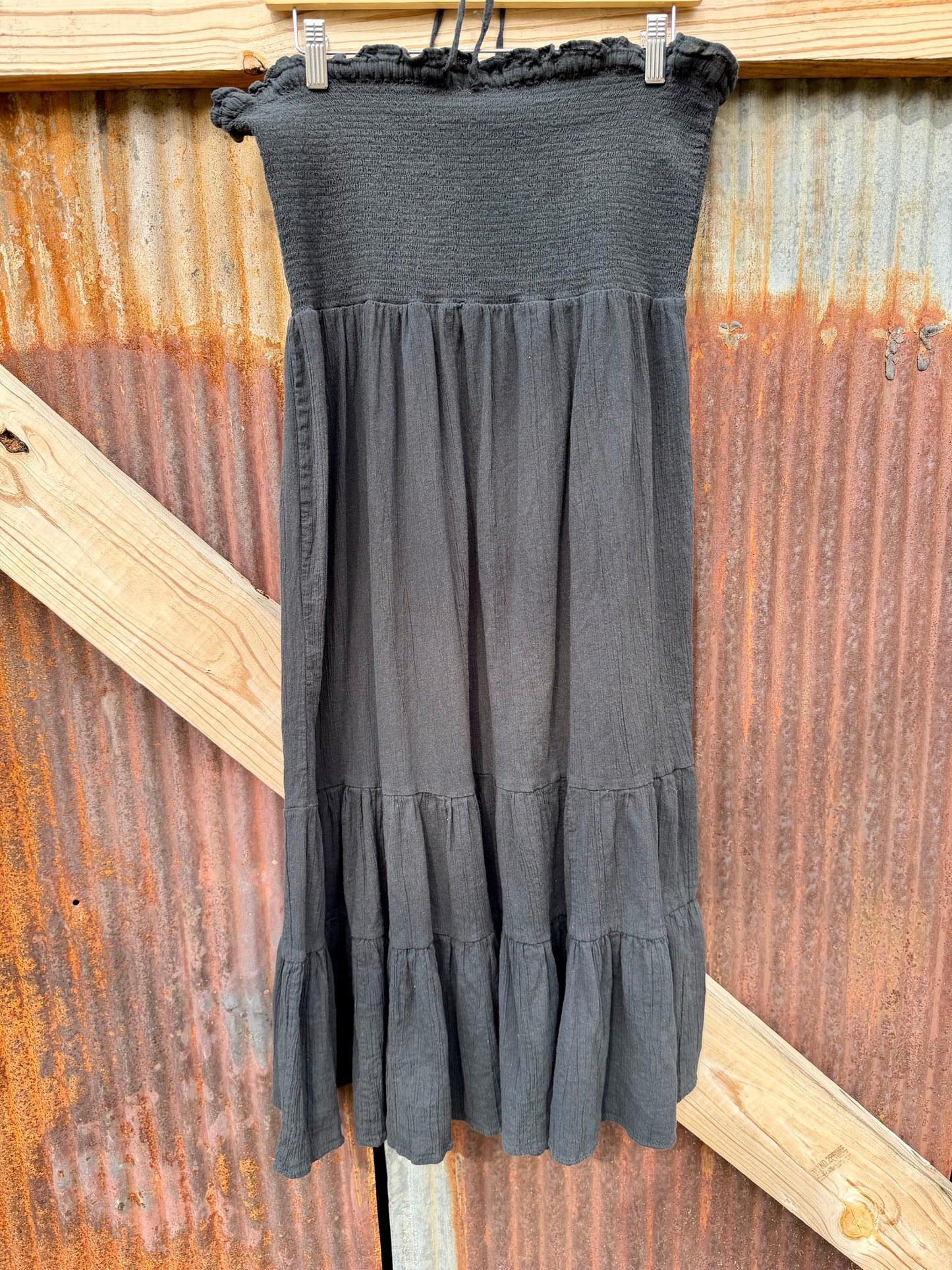 Vintage Black Smocked Halter Dress with Neck Tie