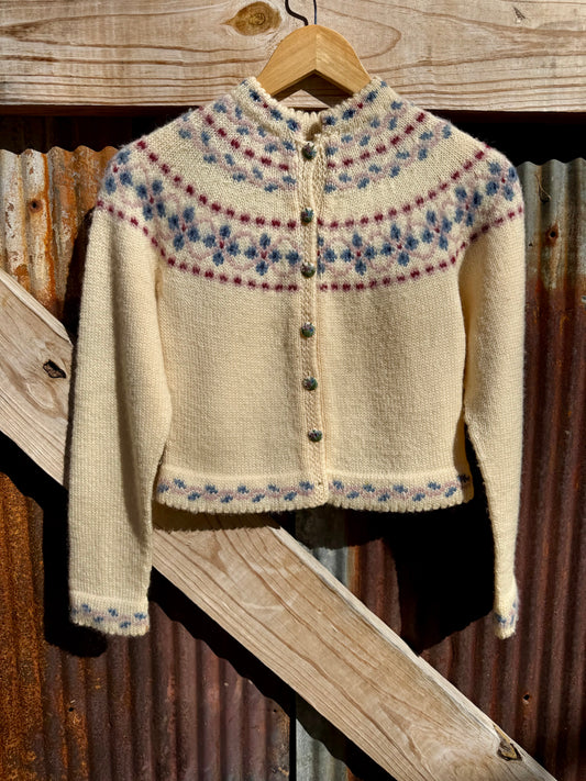 1970s Handknit Wool Norwegian Cardigan Sweater