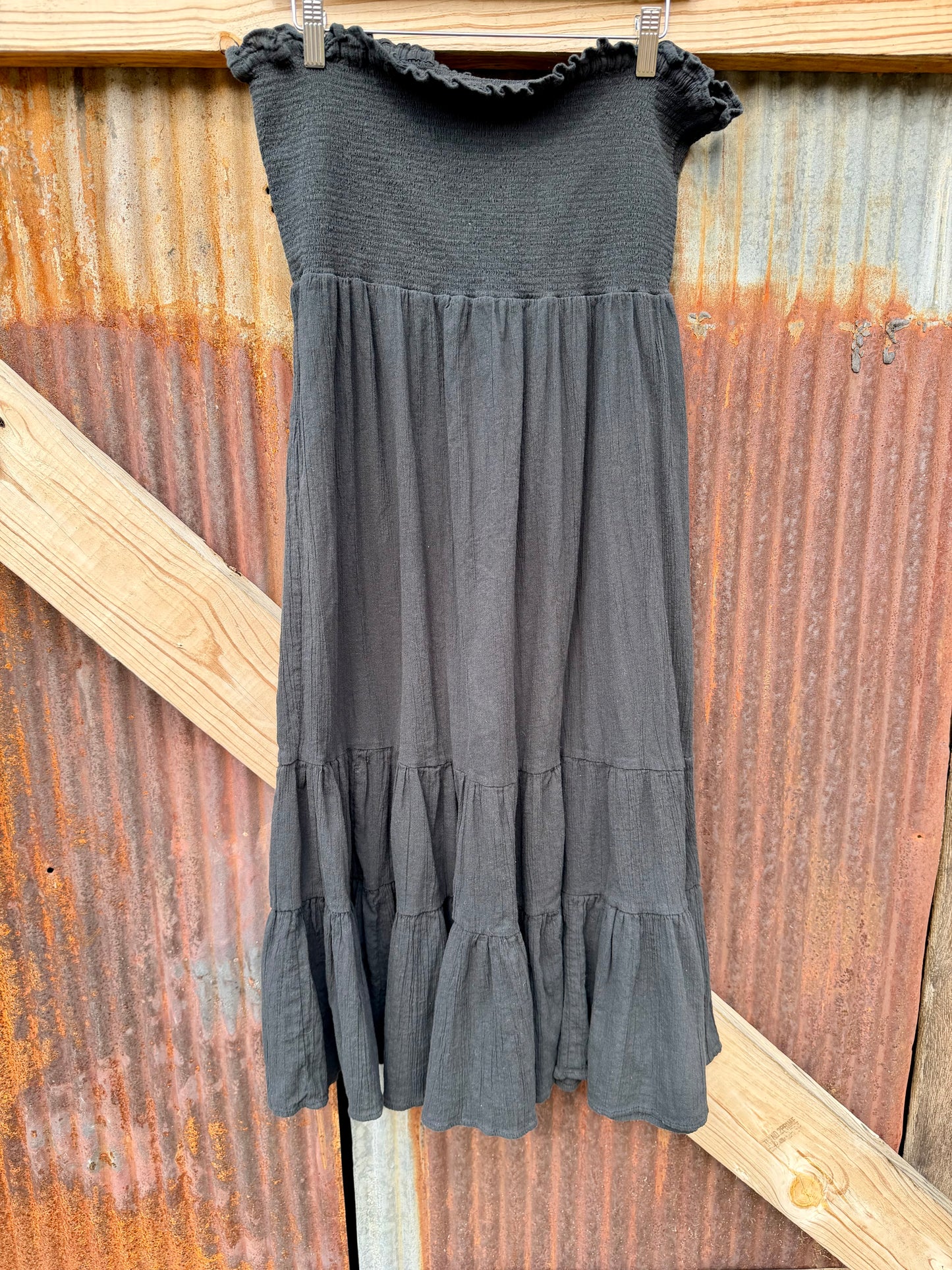Vintage Black Smocked Halter Dress with Neck Tie