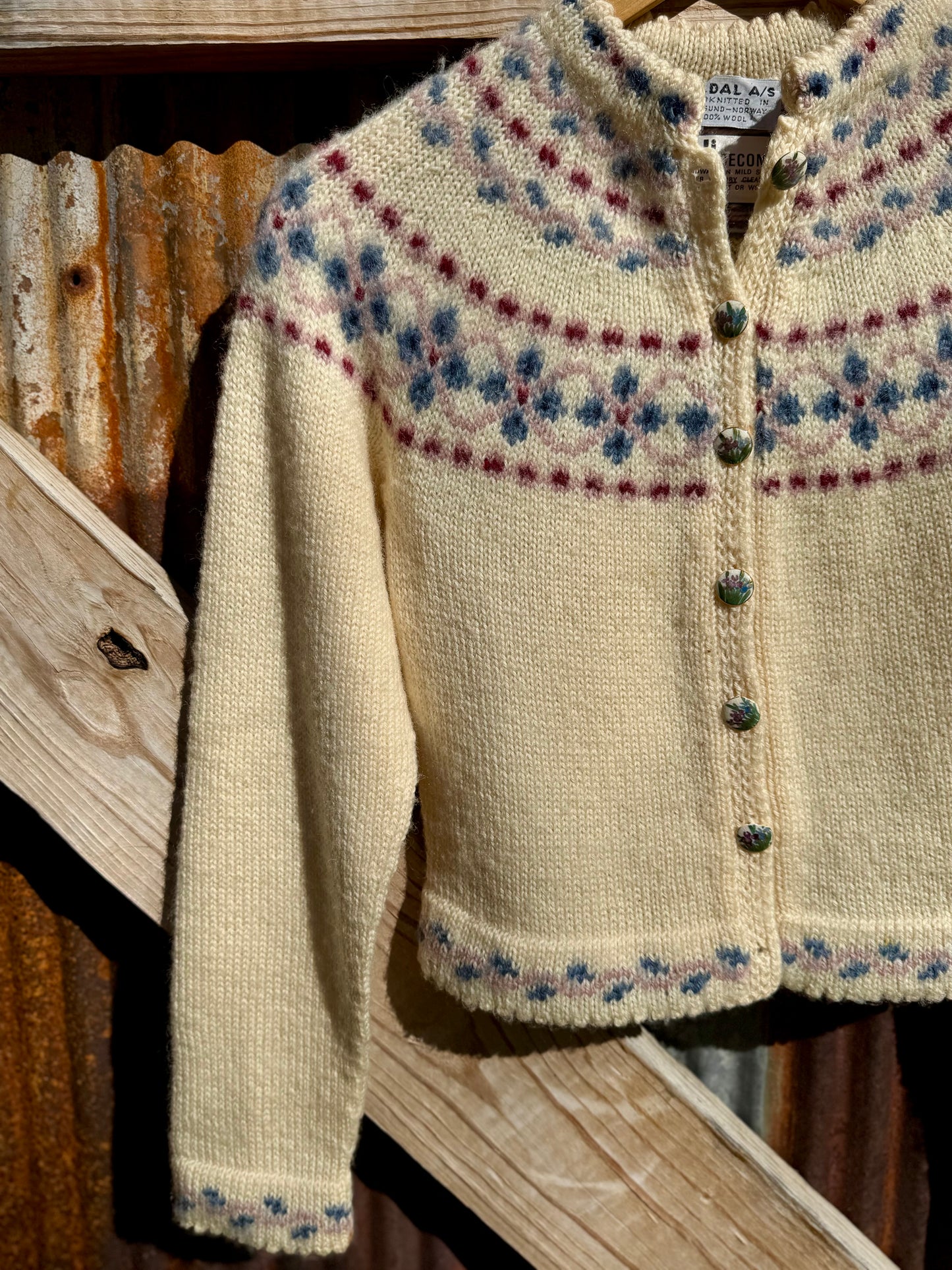 1970s Handknit Wool Norwegian Cardigan Sweater