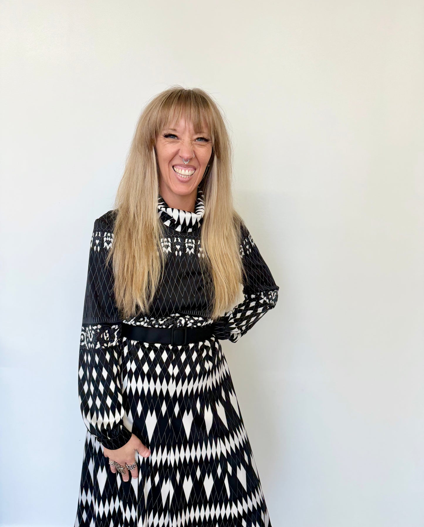 70s Mod Diamond Black & White Dress