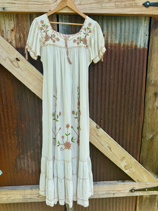 70s Embroidered Cotton Maxi Dress